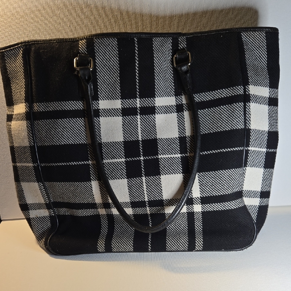 Banana Republic Black and White Checkered Wool and Leather Tote